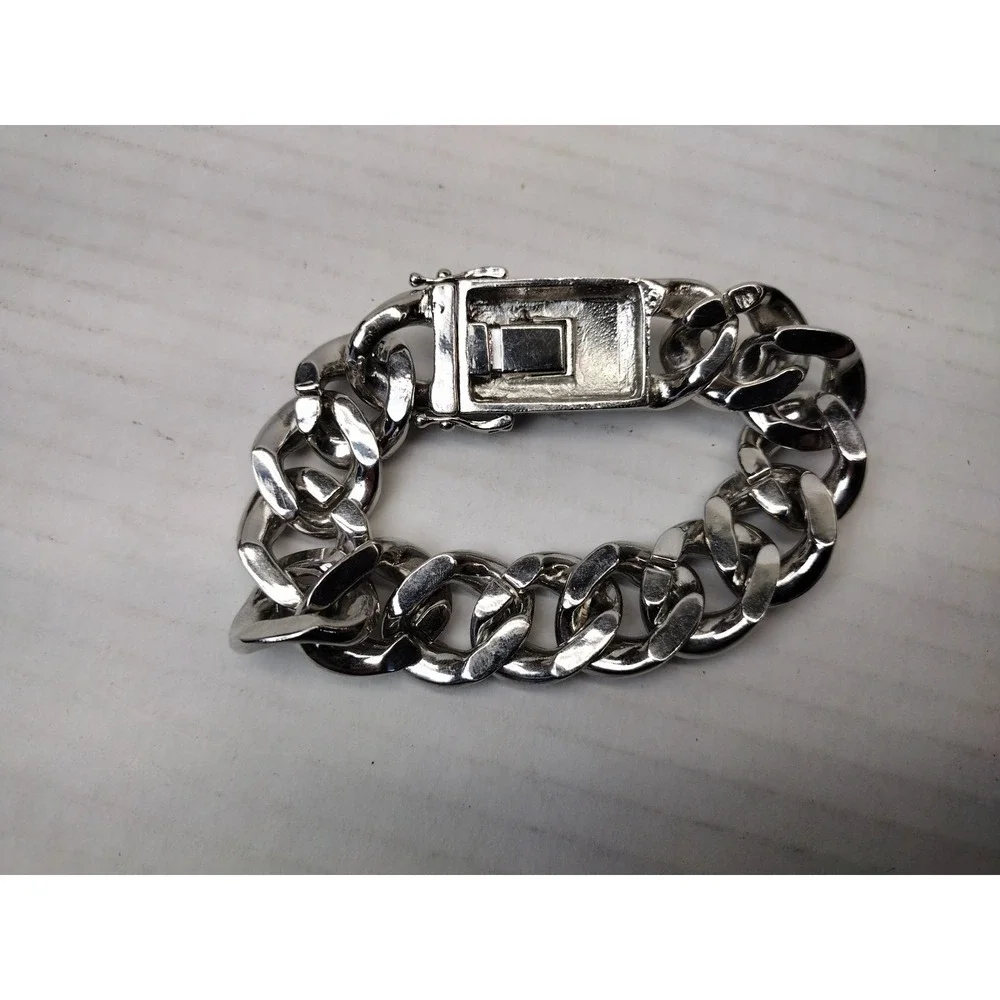 Miami Cuban Link Bracelet Silver Tone Solid Heavy Full Of Rhinestones Hip Hop